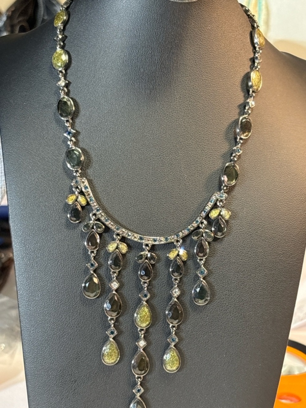 Gunmetal Statement Bib Necklace Smoky Gray & Yellow Druzy Style Drop Dangle